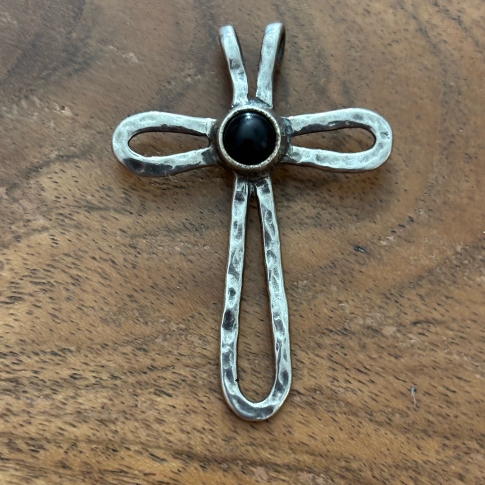 Hammered Sterling Silver Cross Necklace with Black Onyx Accent made in Israel